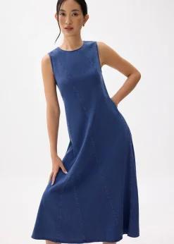 Chambray Round Neck Trapeze Midaxi Dress