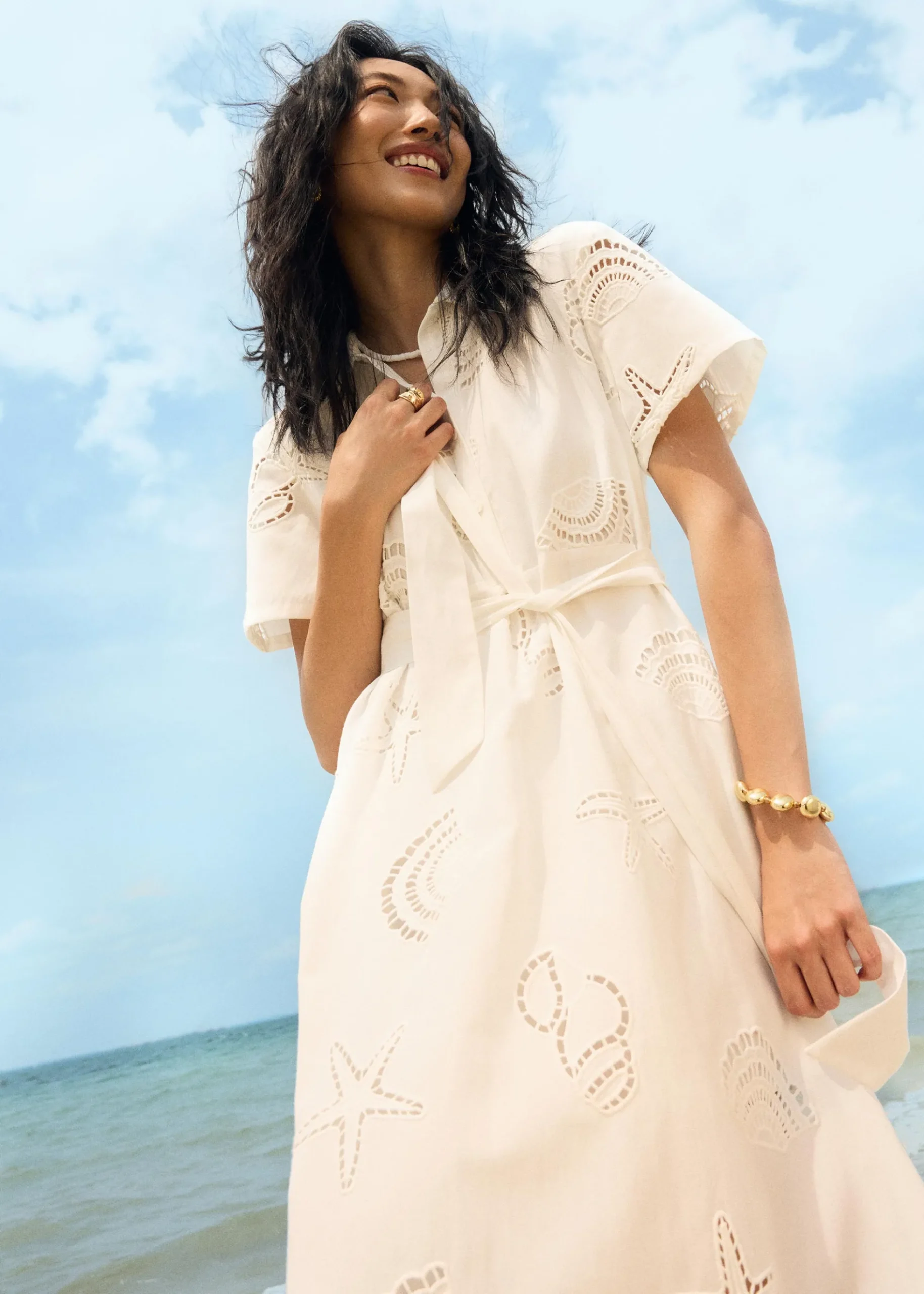 Collared Fit & Flare Dress With Sash in Tidal Escape Broderie