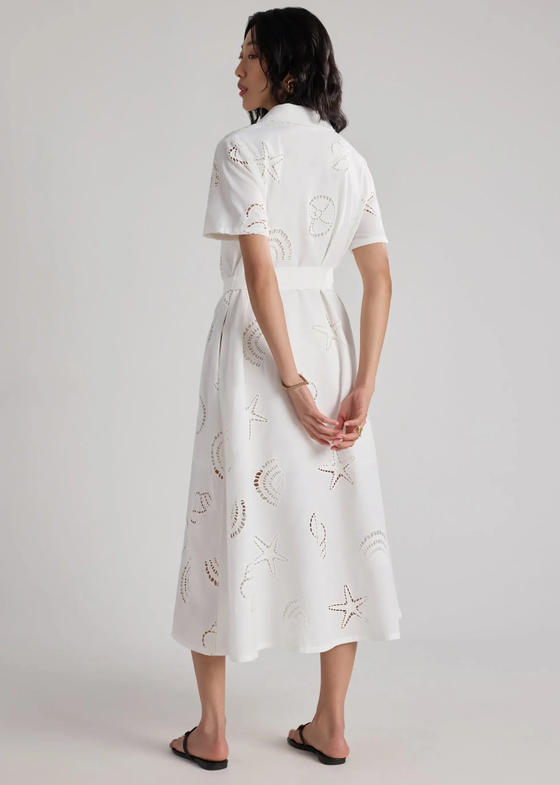 Collared Fit & Flare Dress With Sash in Tidal Escape Broderie