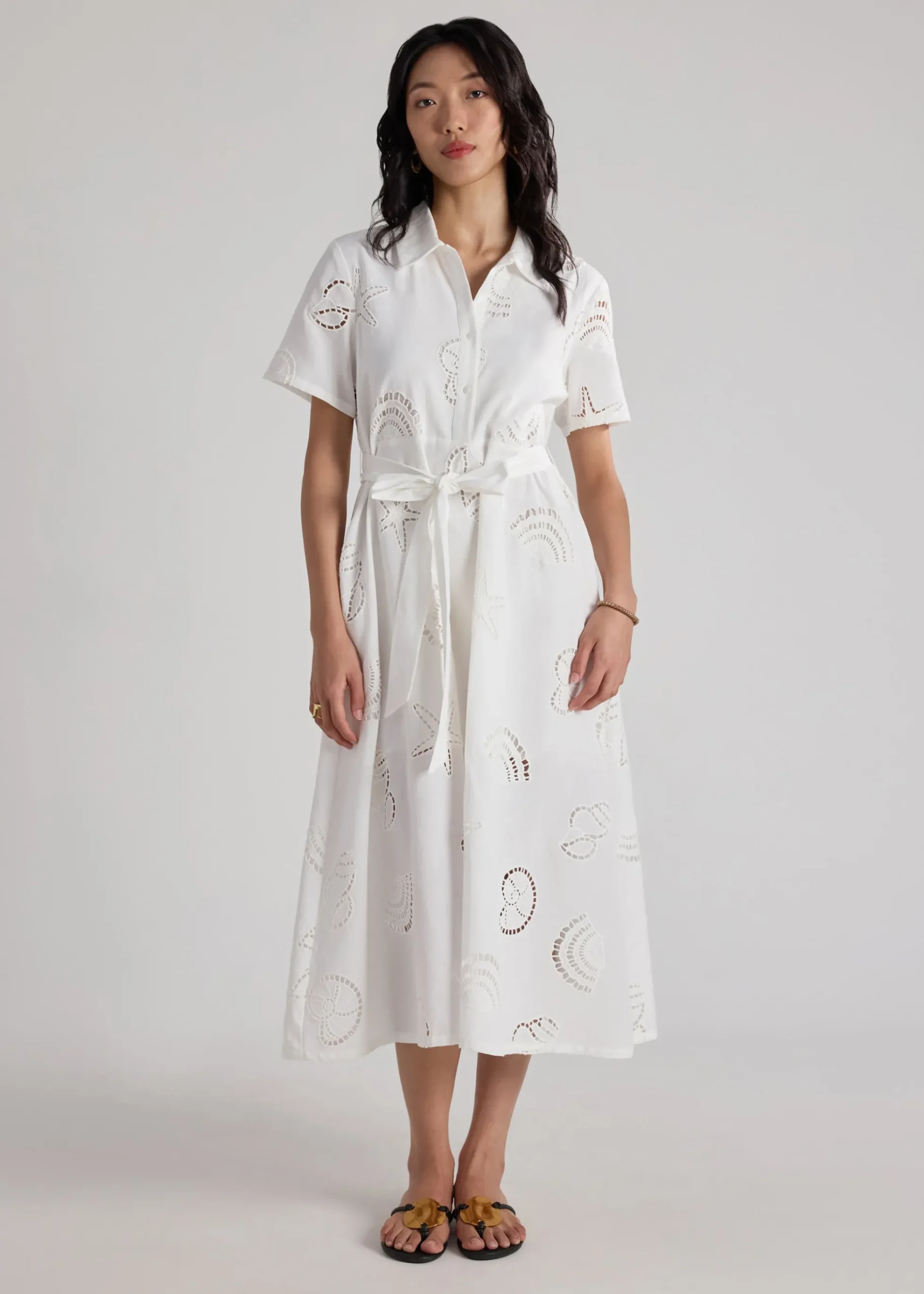 Collared Fit & Flare Dress With Sash in Tidal Escape Broderie