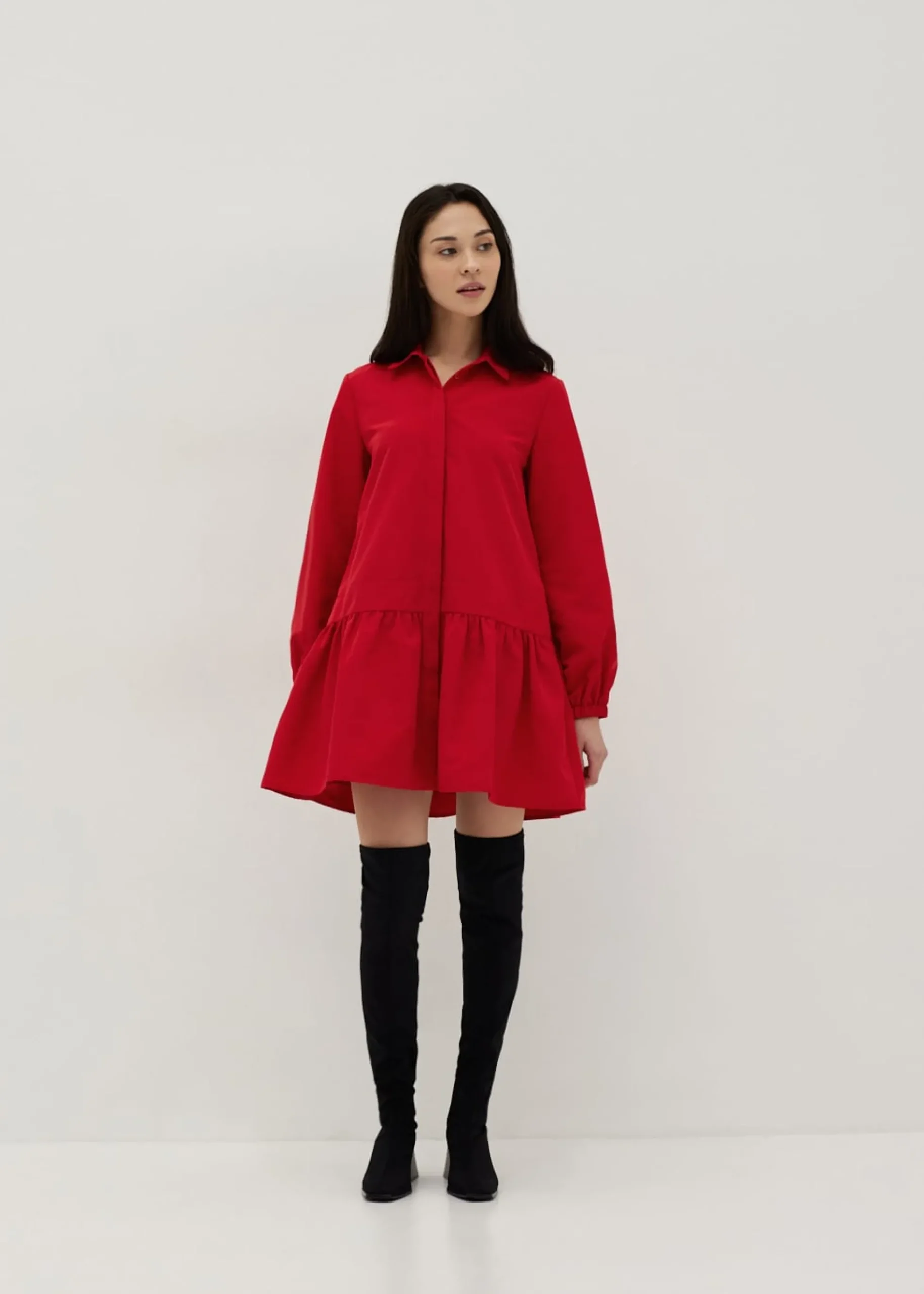 Collared Long Sleeve Babydoll Mini Dress