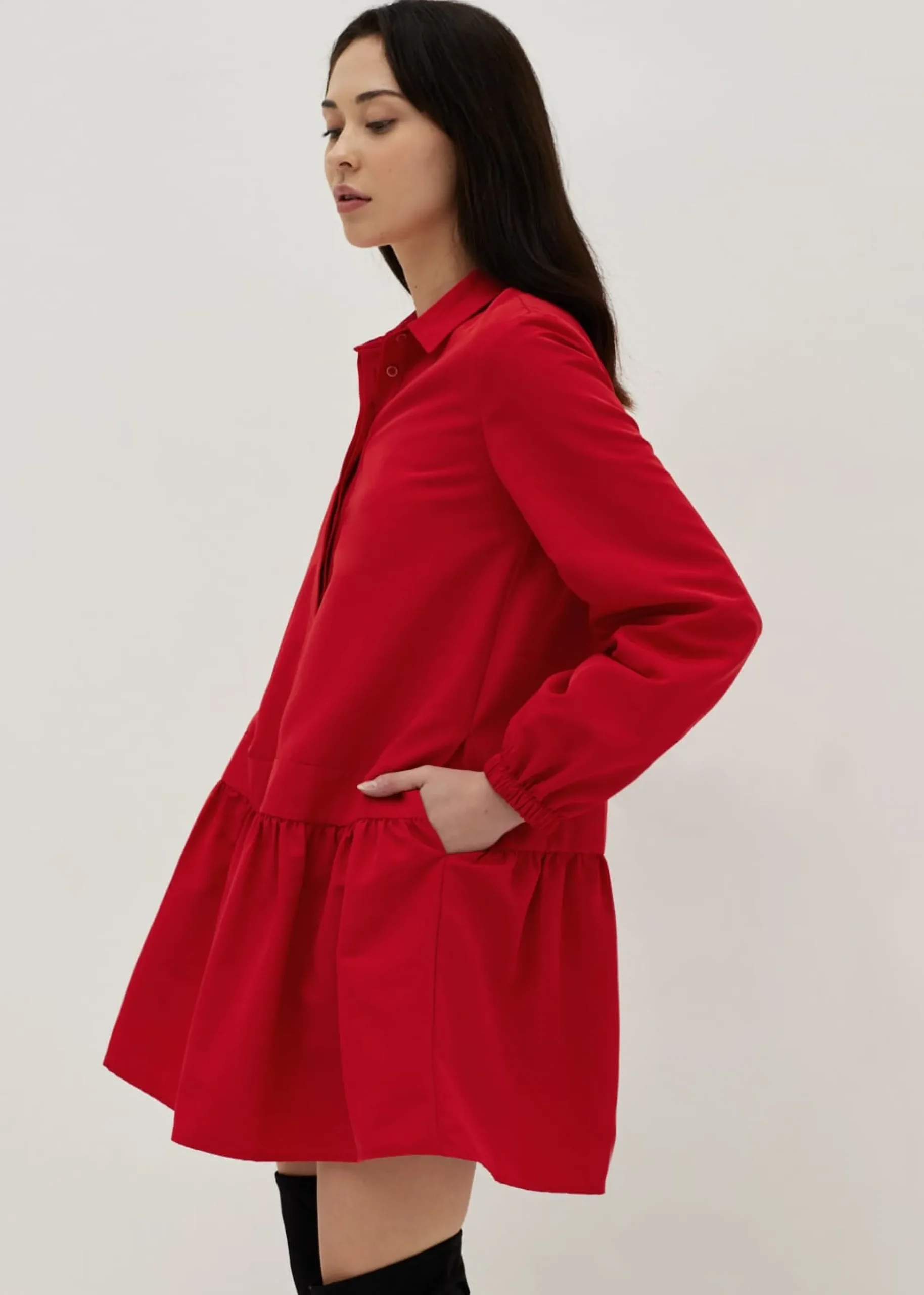 Collared Long Sleeve Babydoll Mini Dress
