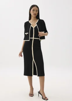 Contrast Knit V-neck Fitted Midi Dress