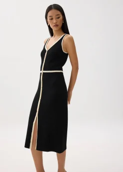 Contrast Knit V-neck Fitted Midi Dress