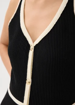 Contrast Knit V-neck Fitted Midi Dress