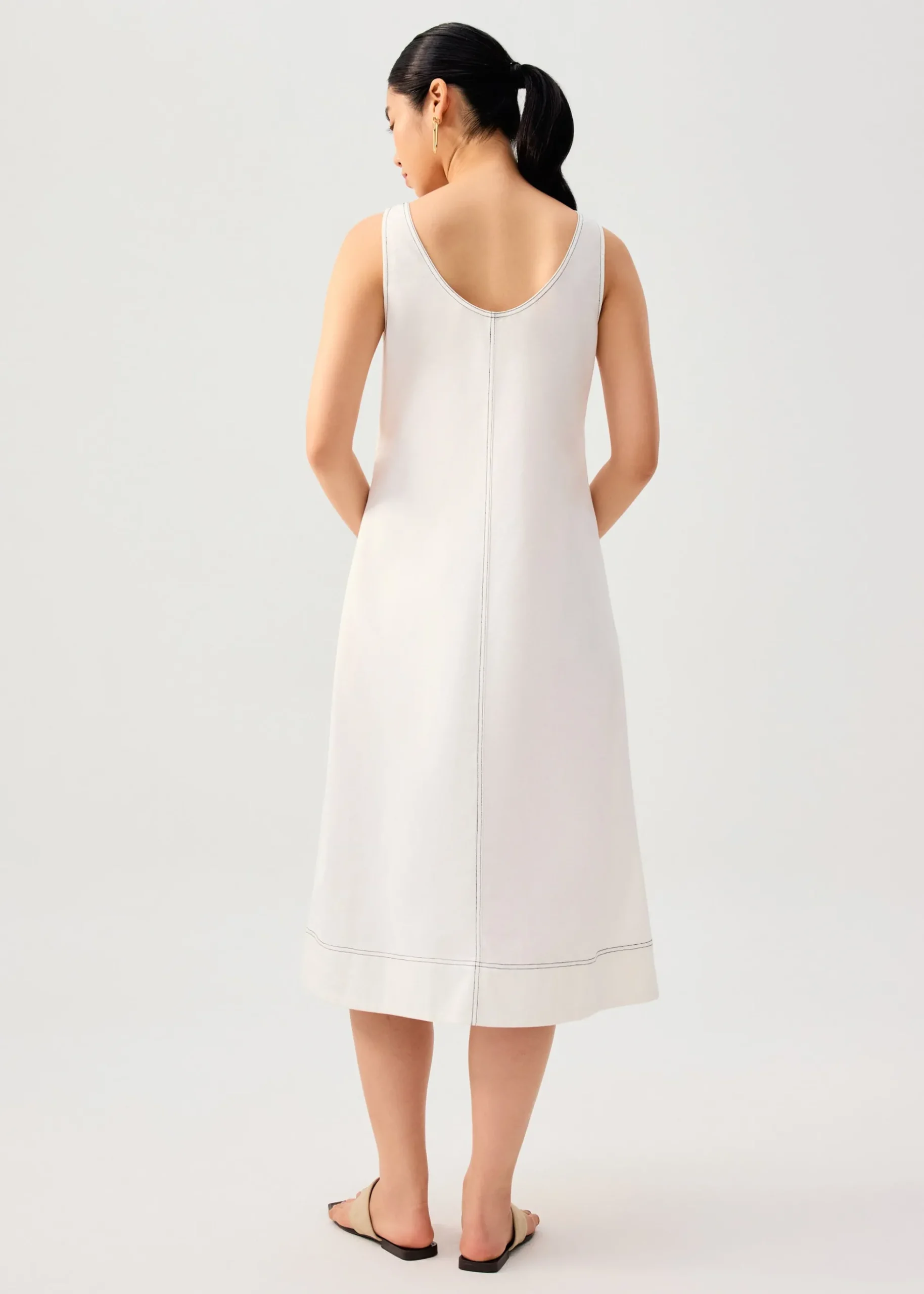 Contrast Stitch Cotton Scoop Neck A-Line Midi Dress