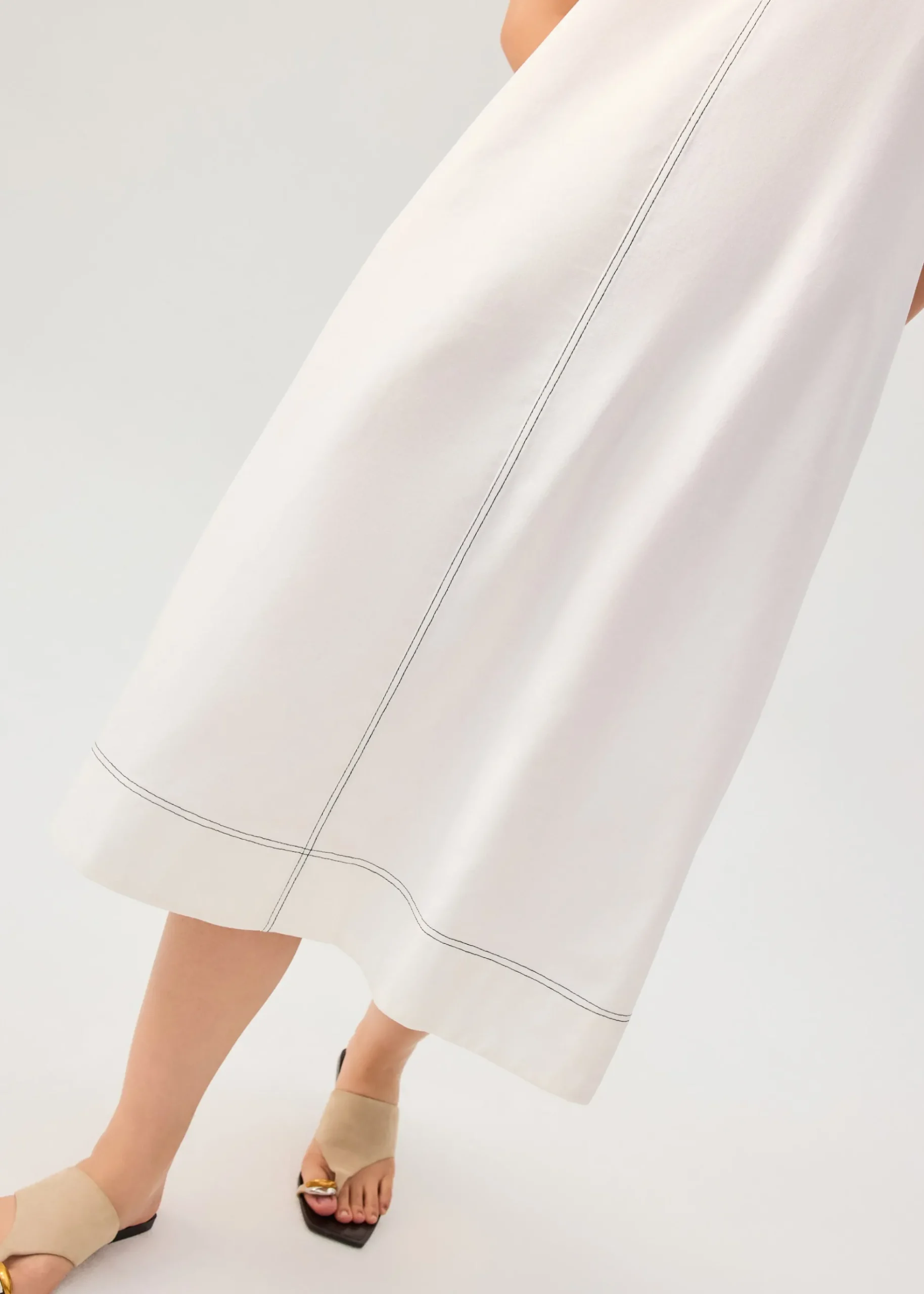 Contrast Stitch Cotton Scoop Neck A-Line Midi Dress