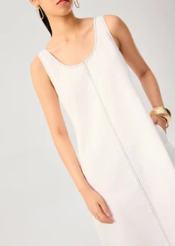 Contrast Stitch Cotton Scoop Neck A-Line Midi Dress