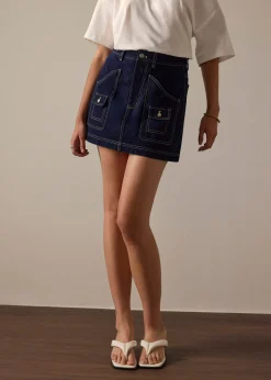 Contrast Stitch Denim A-Line Mini Skirt