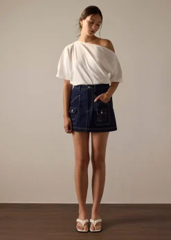 Contrast Stitch Denim A-Line Mini Skirt