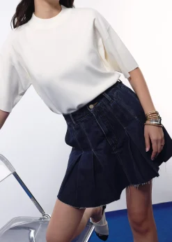 Contrast Stitch Denim Pleated High Waist A-line Mini Skirt