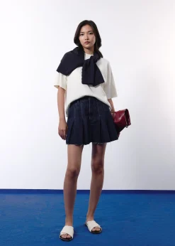 Contrast Stitch Denim Pleated High Waist A-line Mini Skirt