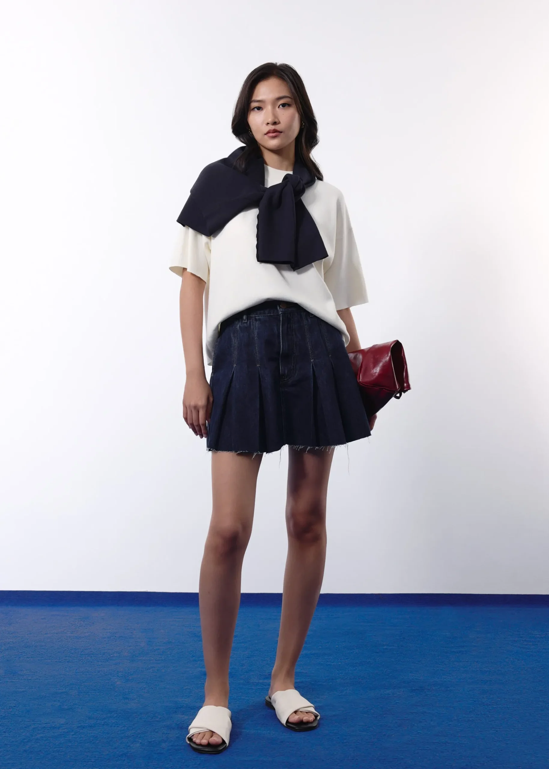 Contrast Stitch Denim Pleated High Waist A-line Mini Skirt