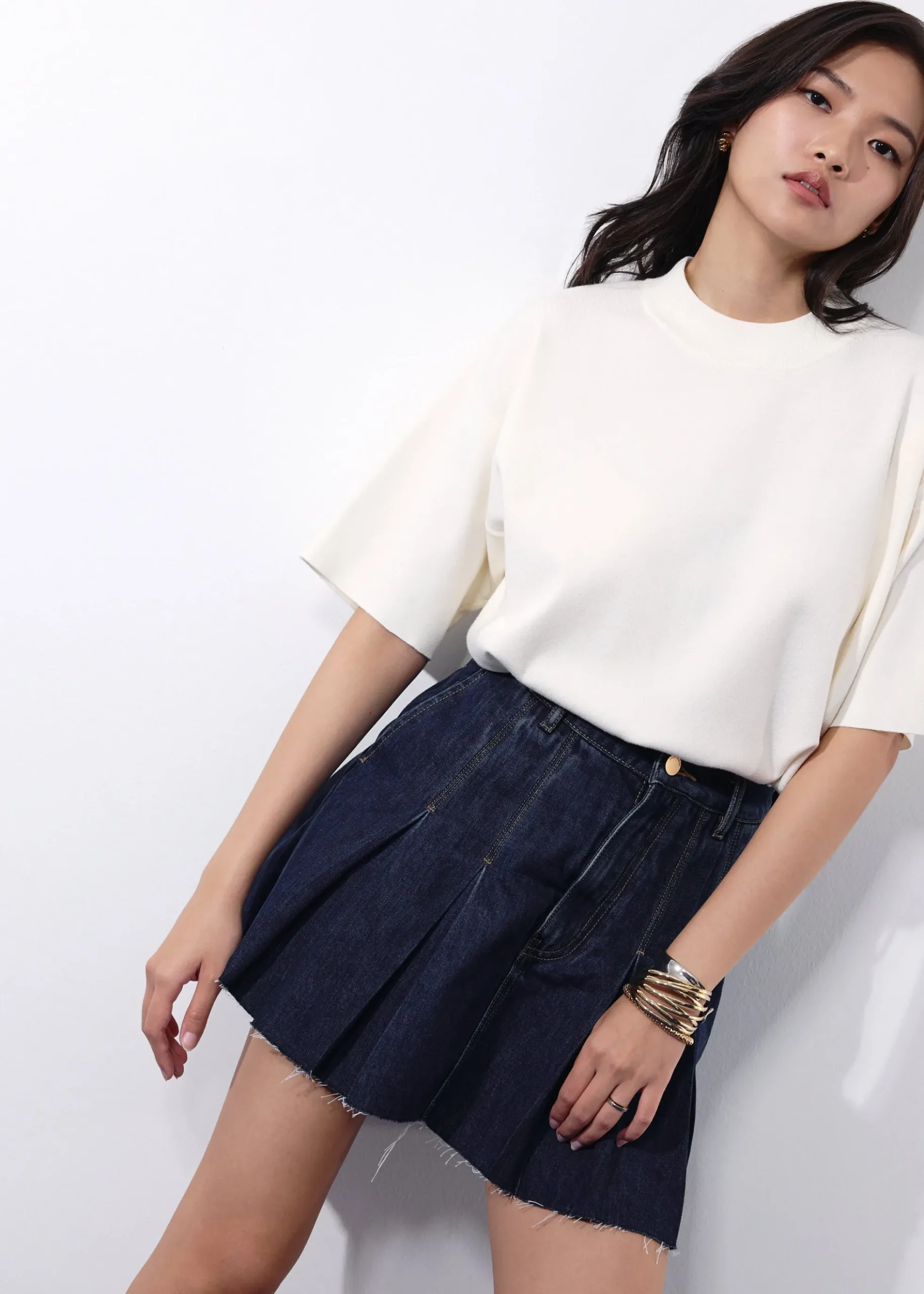 Contrast Stitch Denim Pleated High Waist A-line Mini Skirt