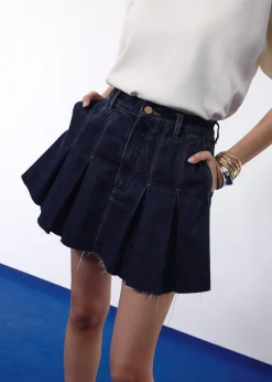 Contrast Stitch Denim Pleated High Waist A-line Mini Skirt