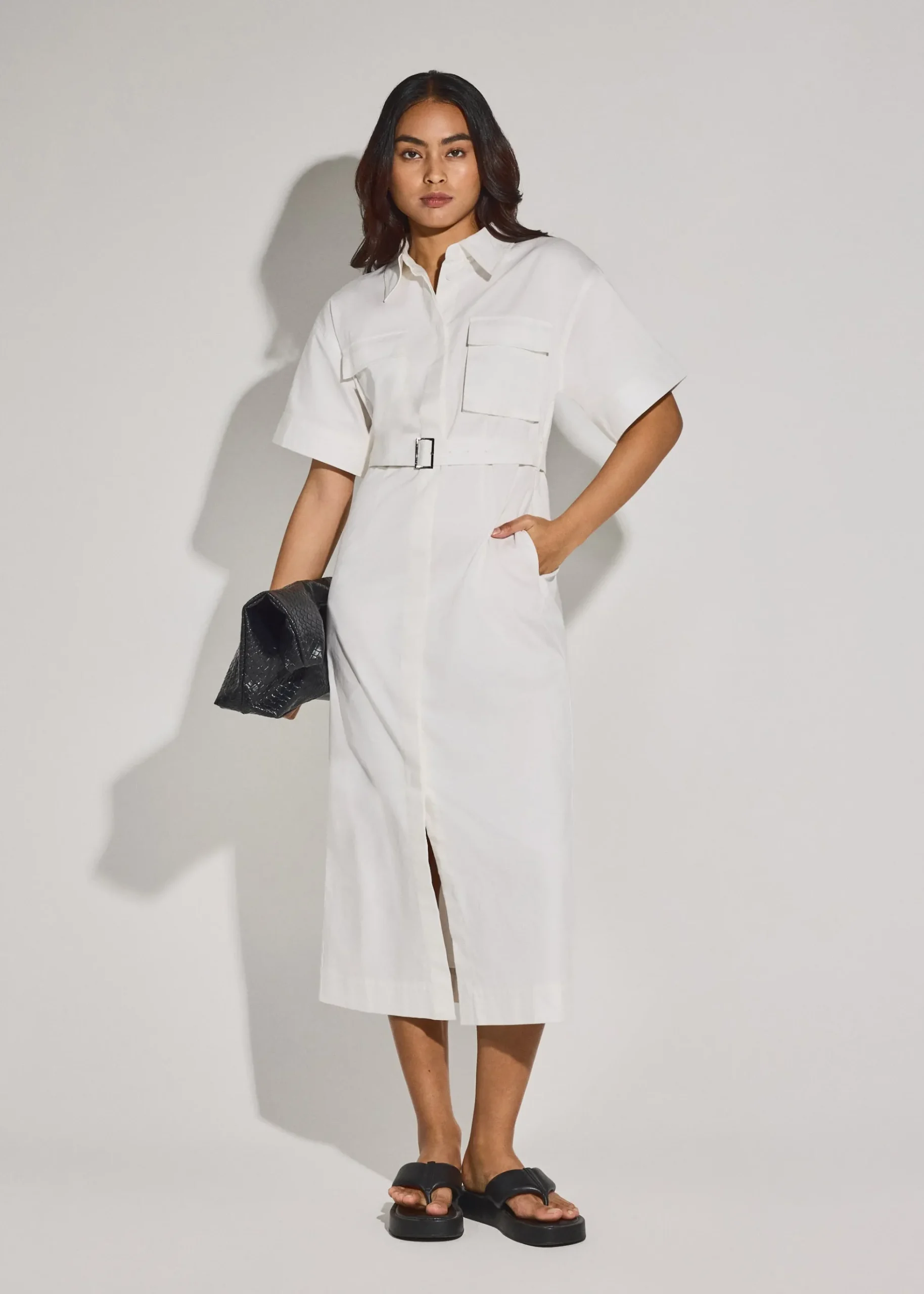 Cotton Button Down Utility Midaxi Dress
