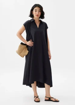 Cotton Collared Trapeze Midaxi Dress
