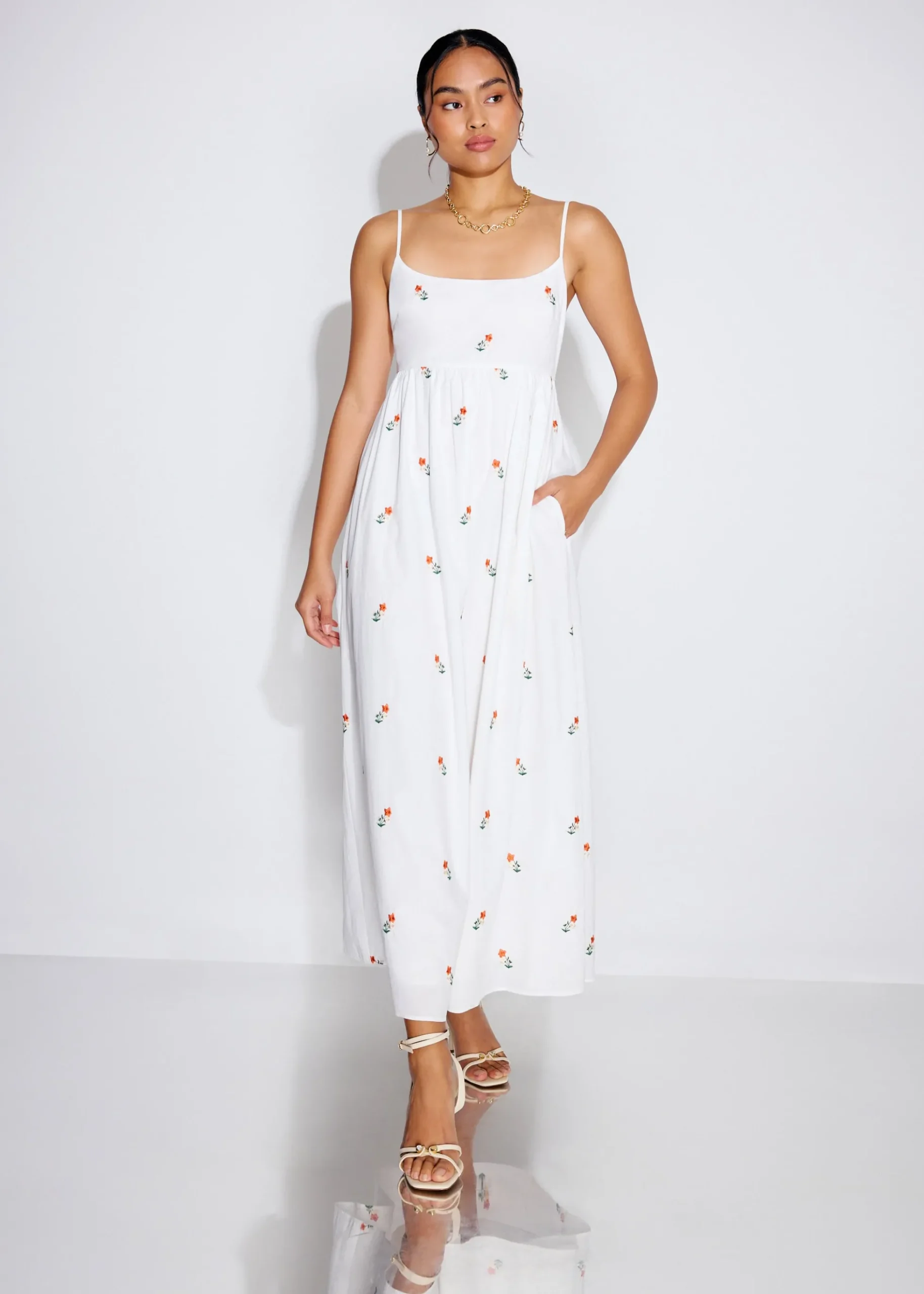 Cotton Floral Embroidery Camisole Fit & Flare Maxi Dress