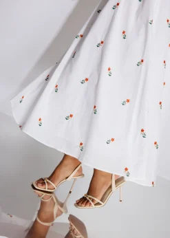 Cotton Floral Embroidery Camisole Fit & Flare Maxi Dress