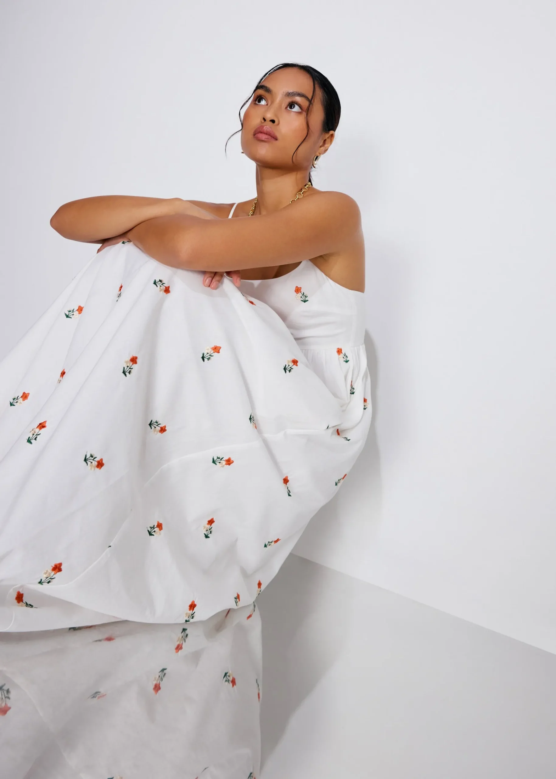 Cotton Floral Embroidery Camisole Fit & Flare Maxi Dress