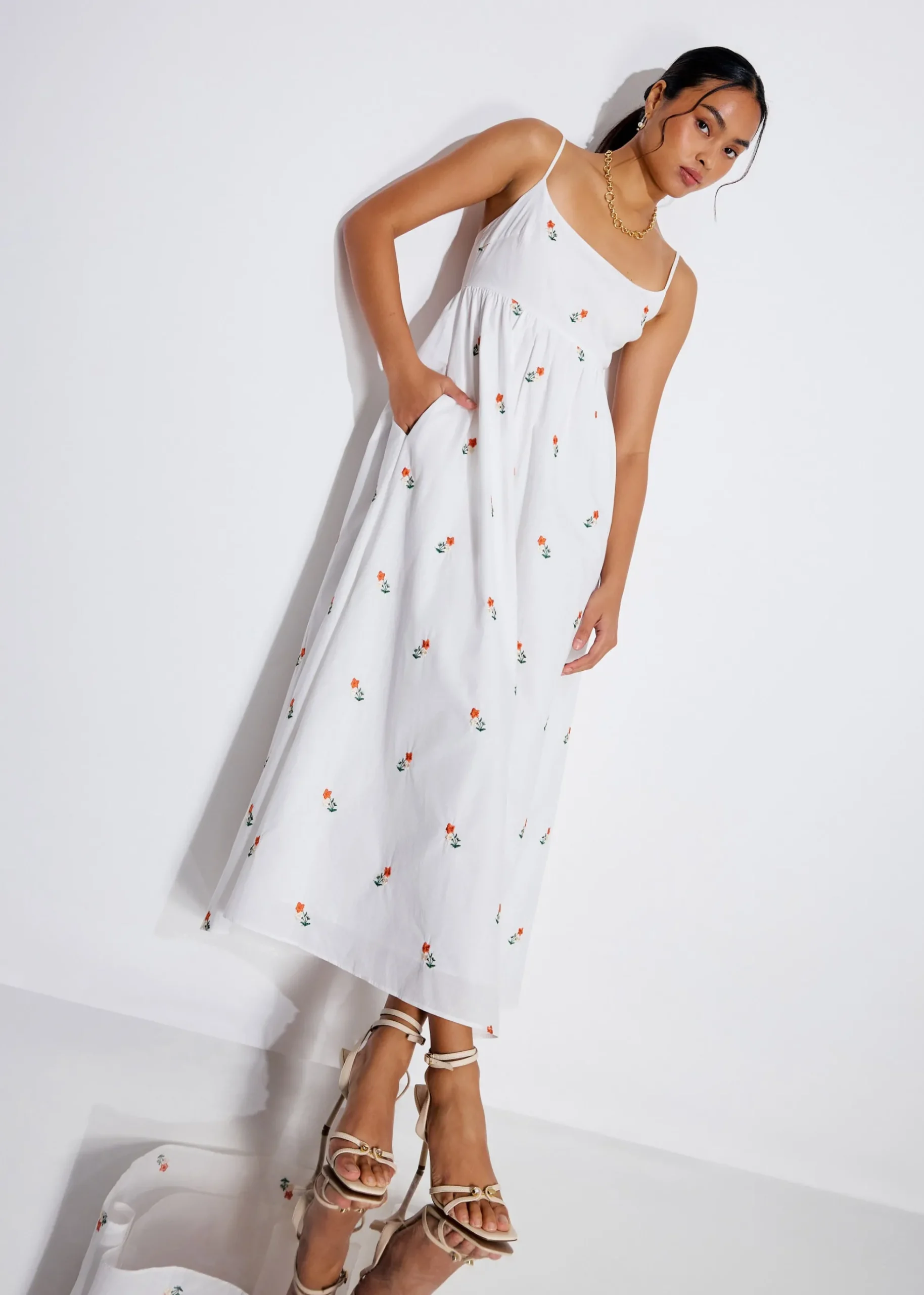 Cotton Floral Embroidery Camisole Fit & Flare Maxi Dress