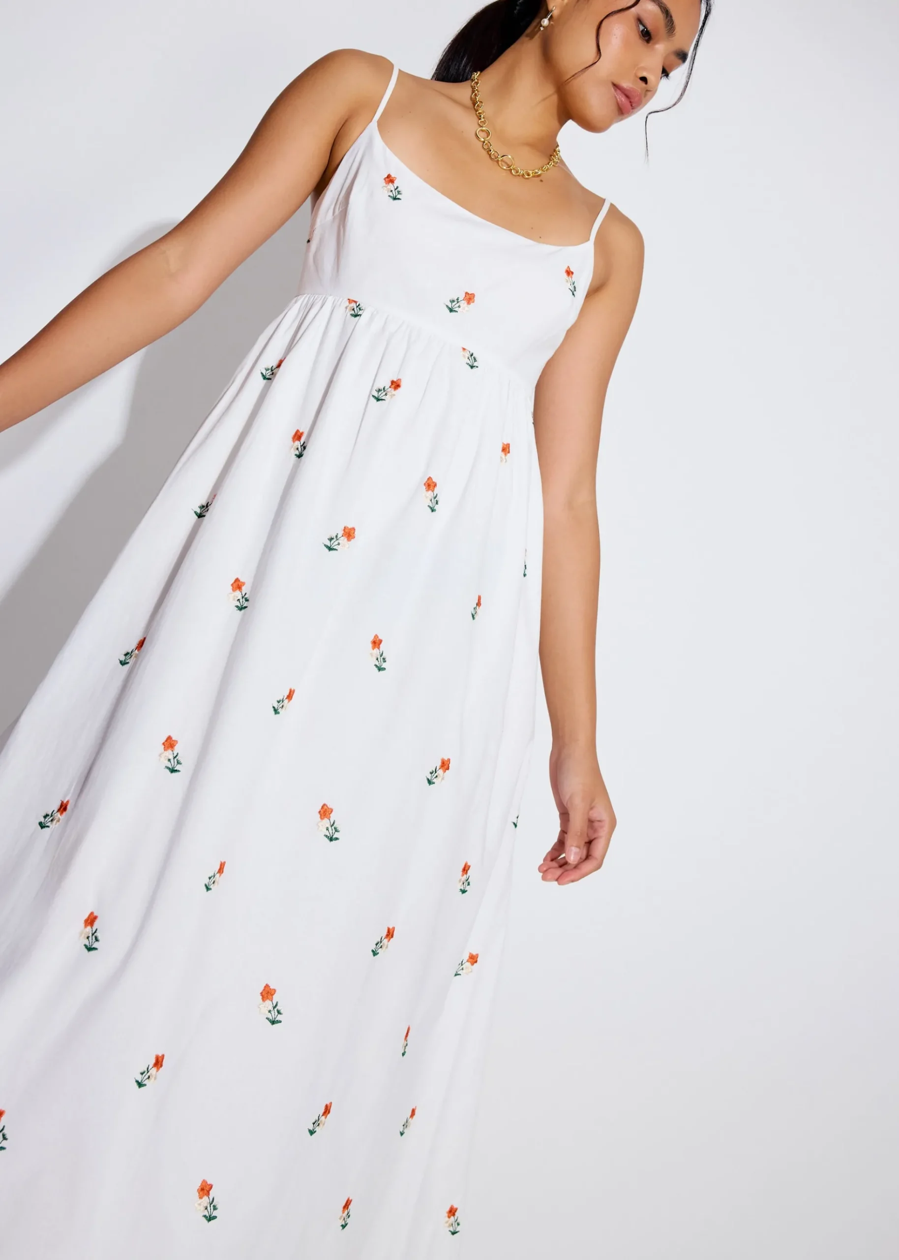 Cotton Floral Embroidery Camisole Fit & Flare Maxi Dress