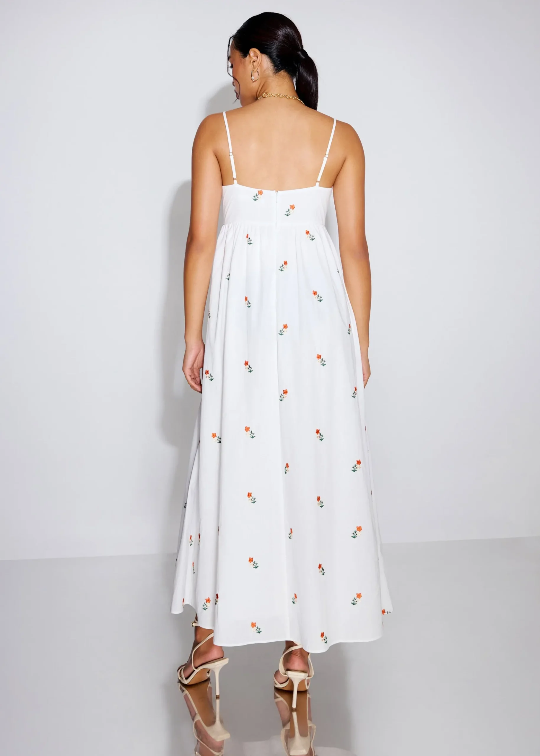 Cotton Floral Embroidery Camisole Fit & Flare Maxi Dress