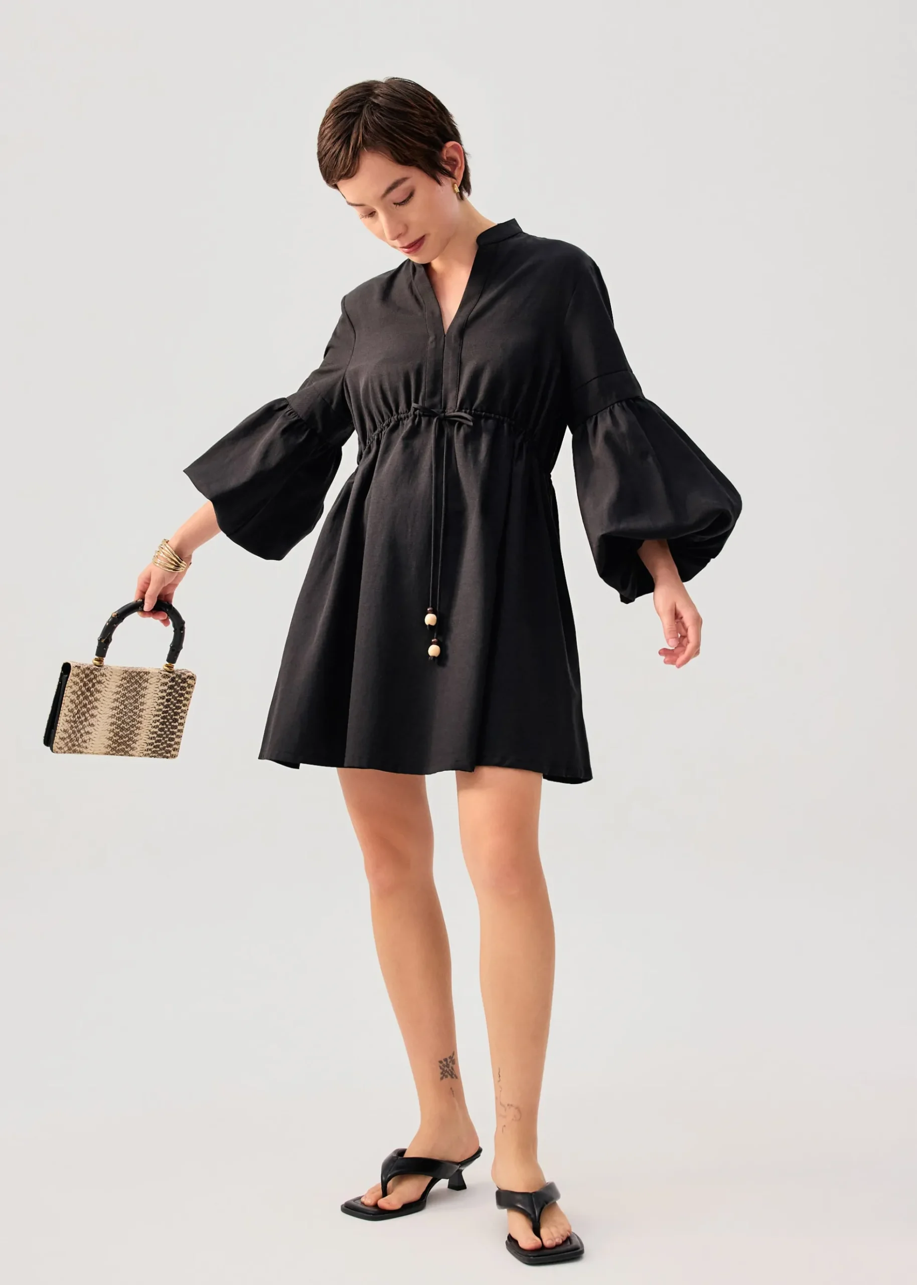 Cotton Puff Sleeve Babydoll Mini Dress