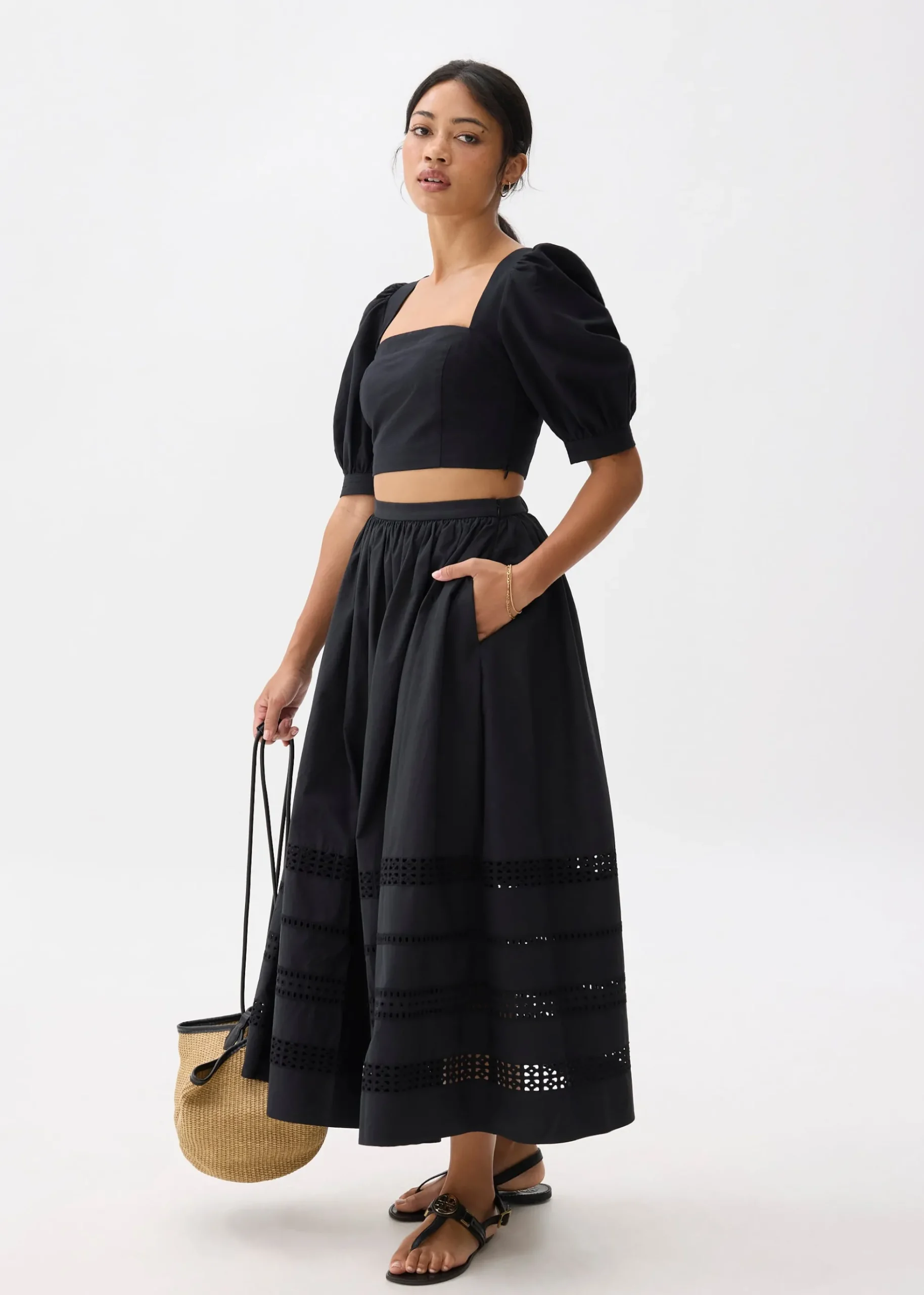 Cotton Puff Sleeve Fitted Crop Top
