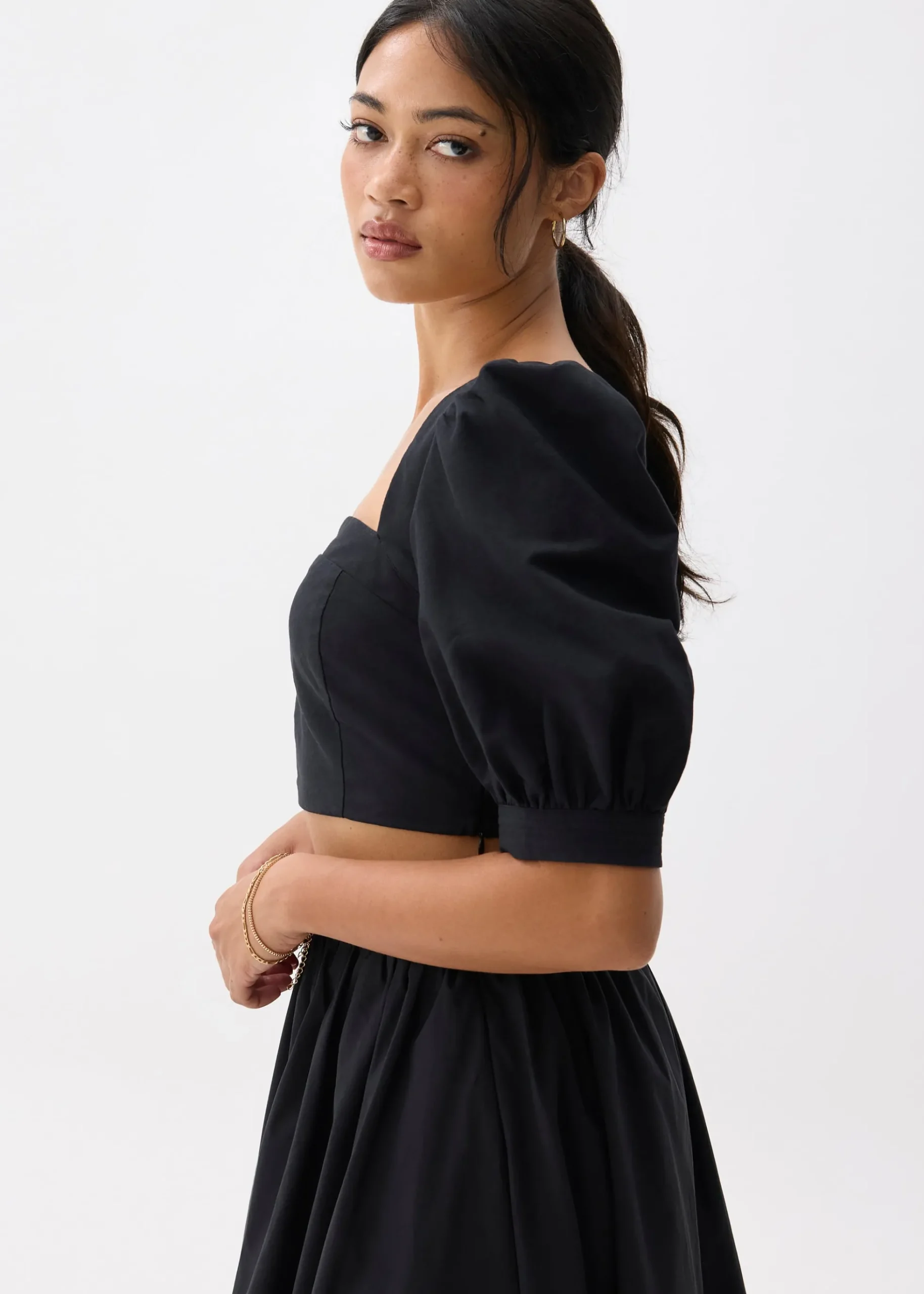 Cotton Puff Sleeve Fitted Crop Top