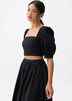 Cotton Puff Sleeve Fitted Crop Top