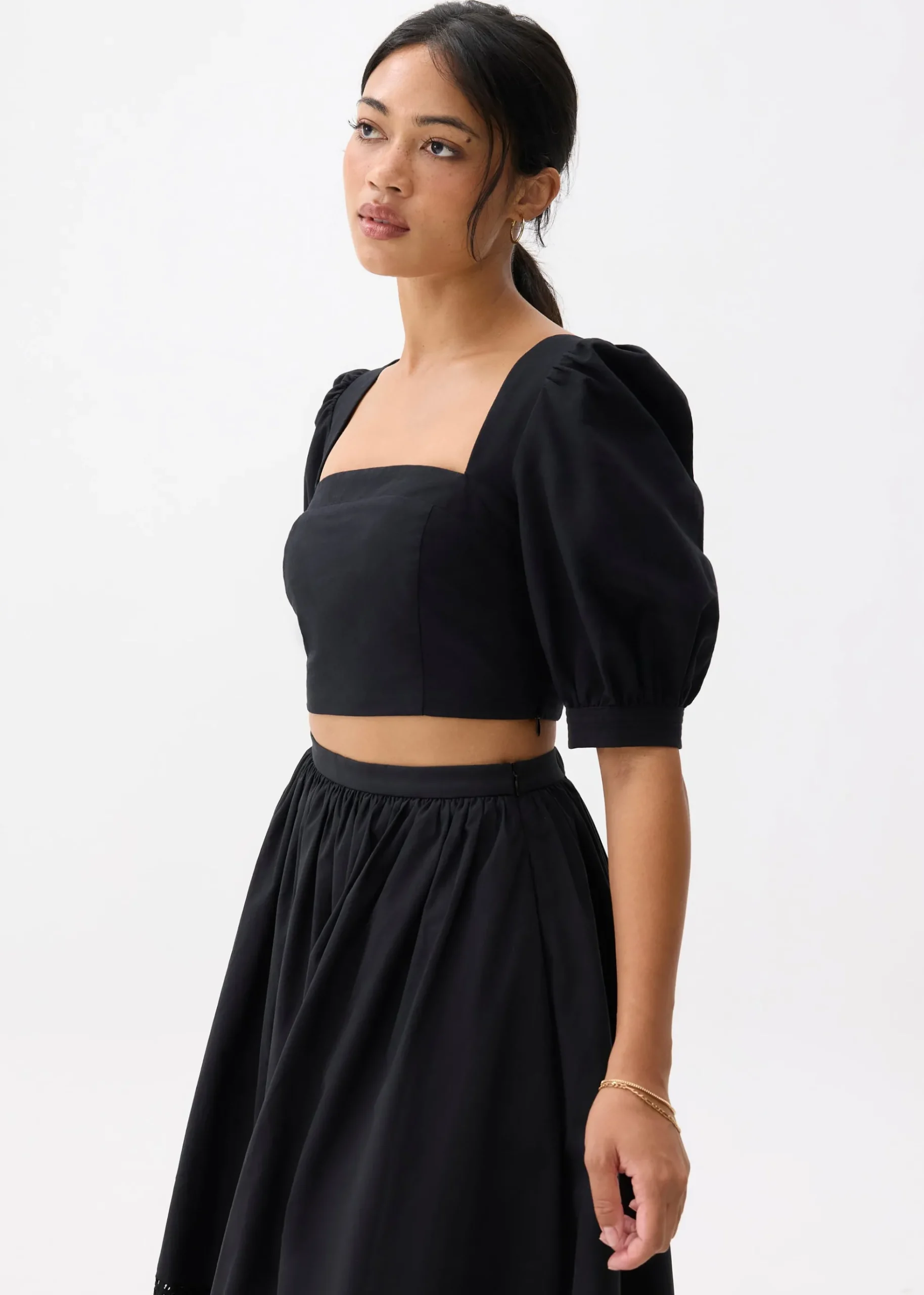 Cotton Puff Sleeve Fitted Crop Top