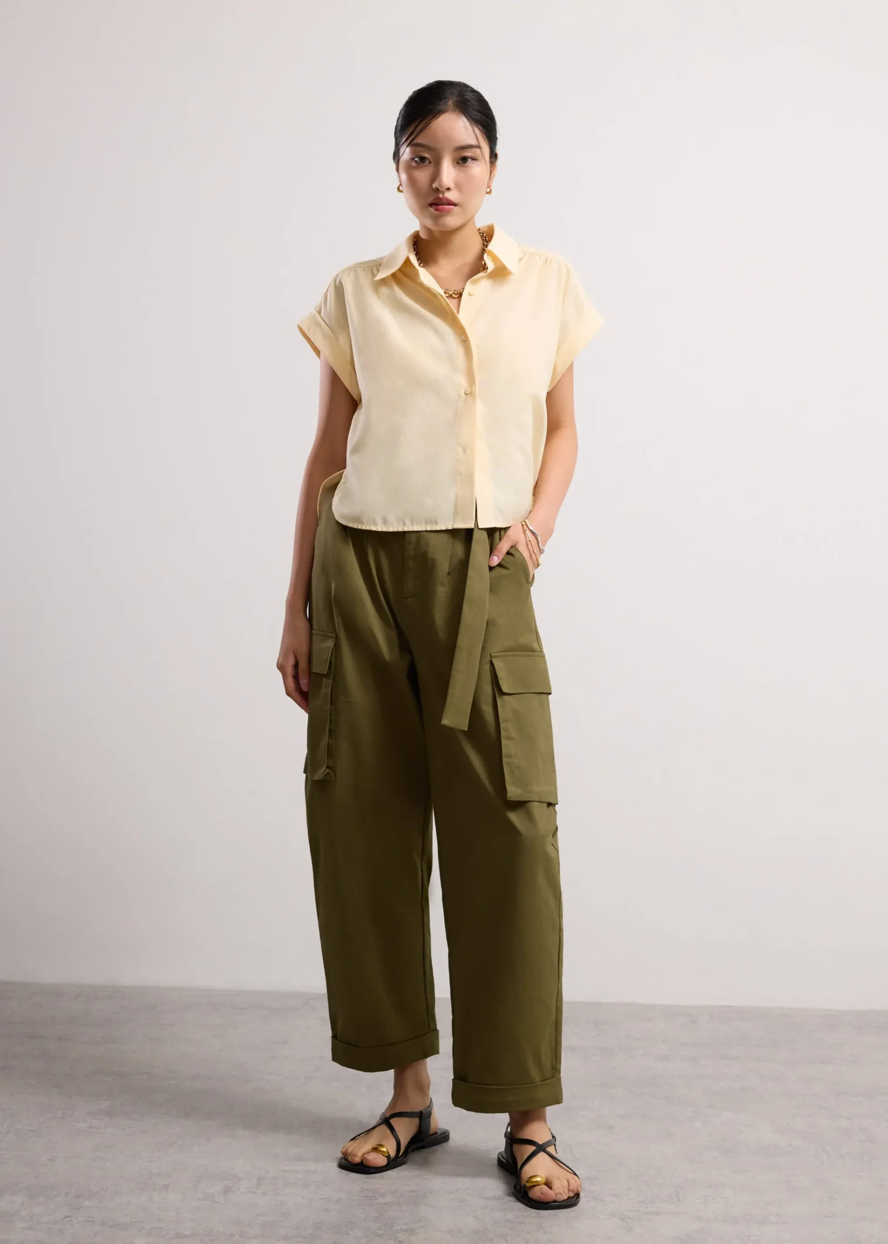 Cotton Twill High Waist Barrel Utility Pants