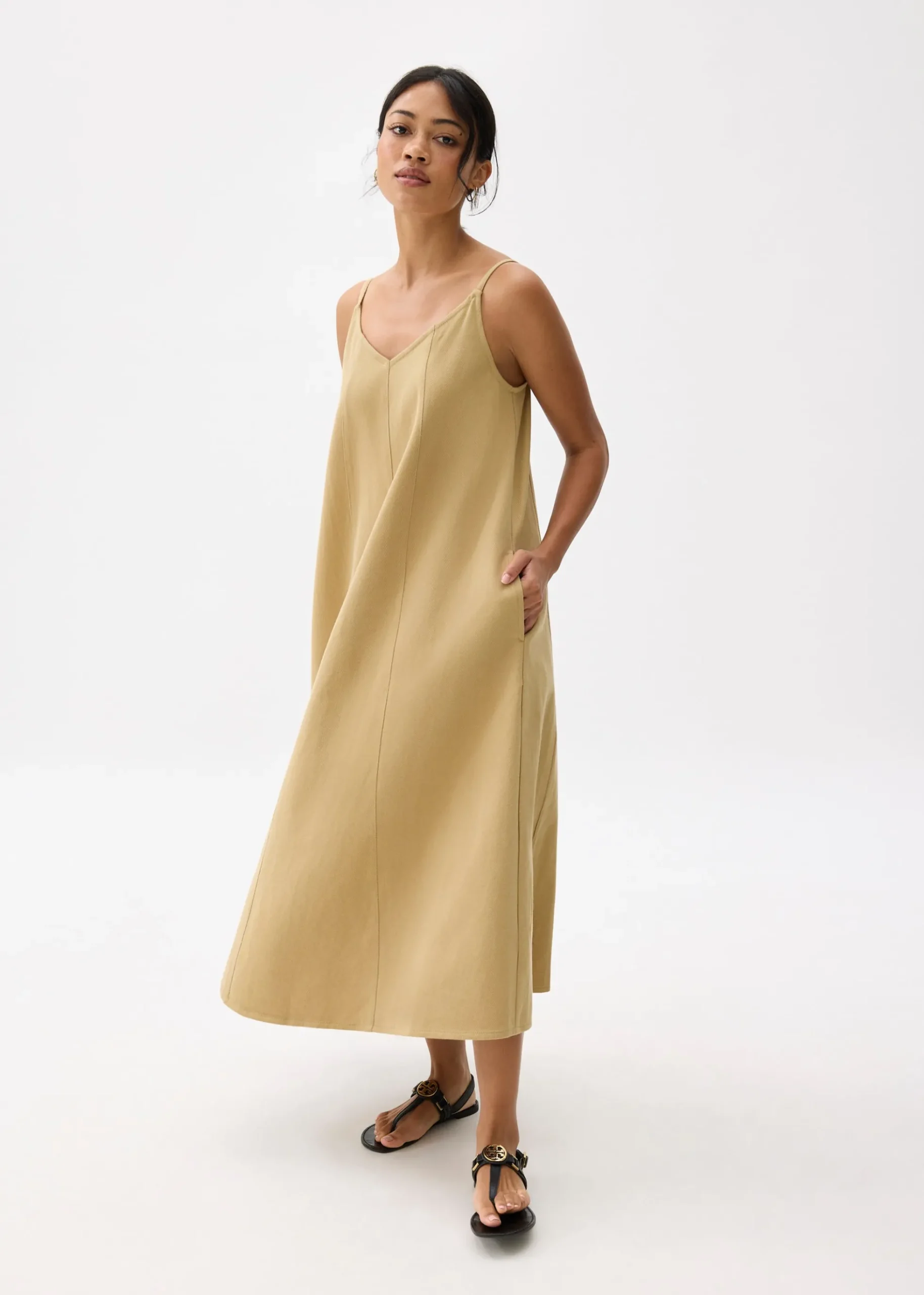 Cotton V-neck Trapeze Midaxi Dress