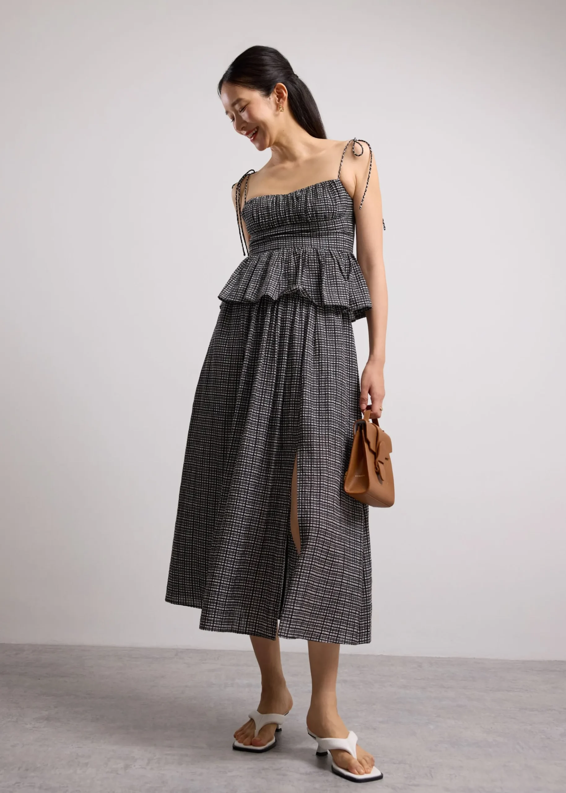 Crinkled Check Lyocell High Waist Flare Midaxi Skirt