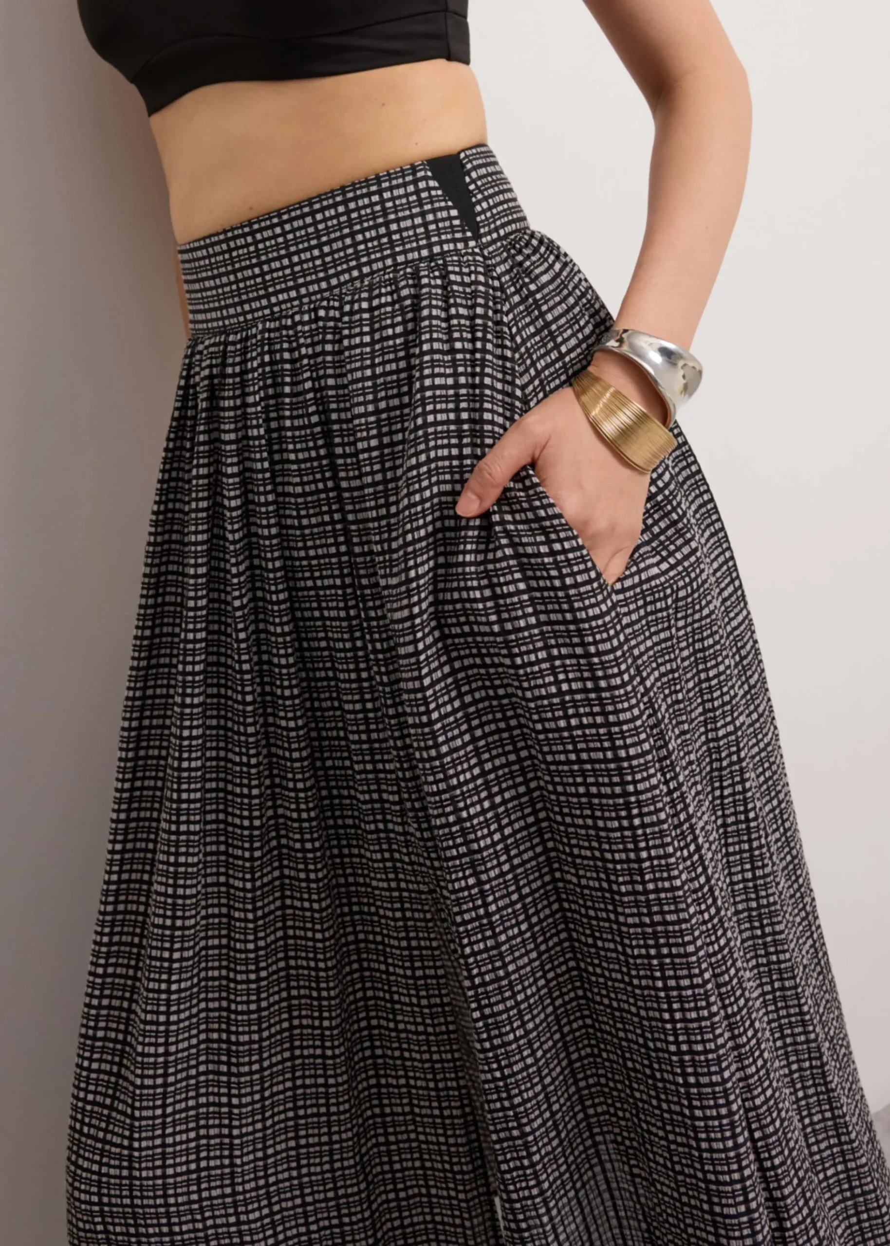 Crinkled Check Lyocell High Waist Flare Midaxi Skirt