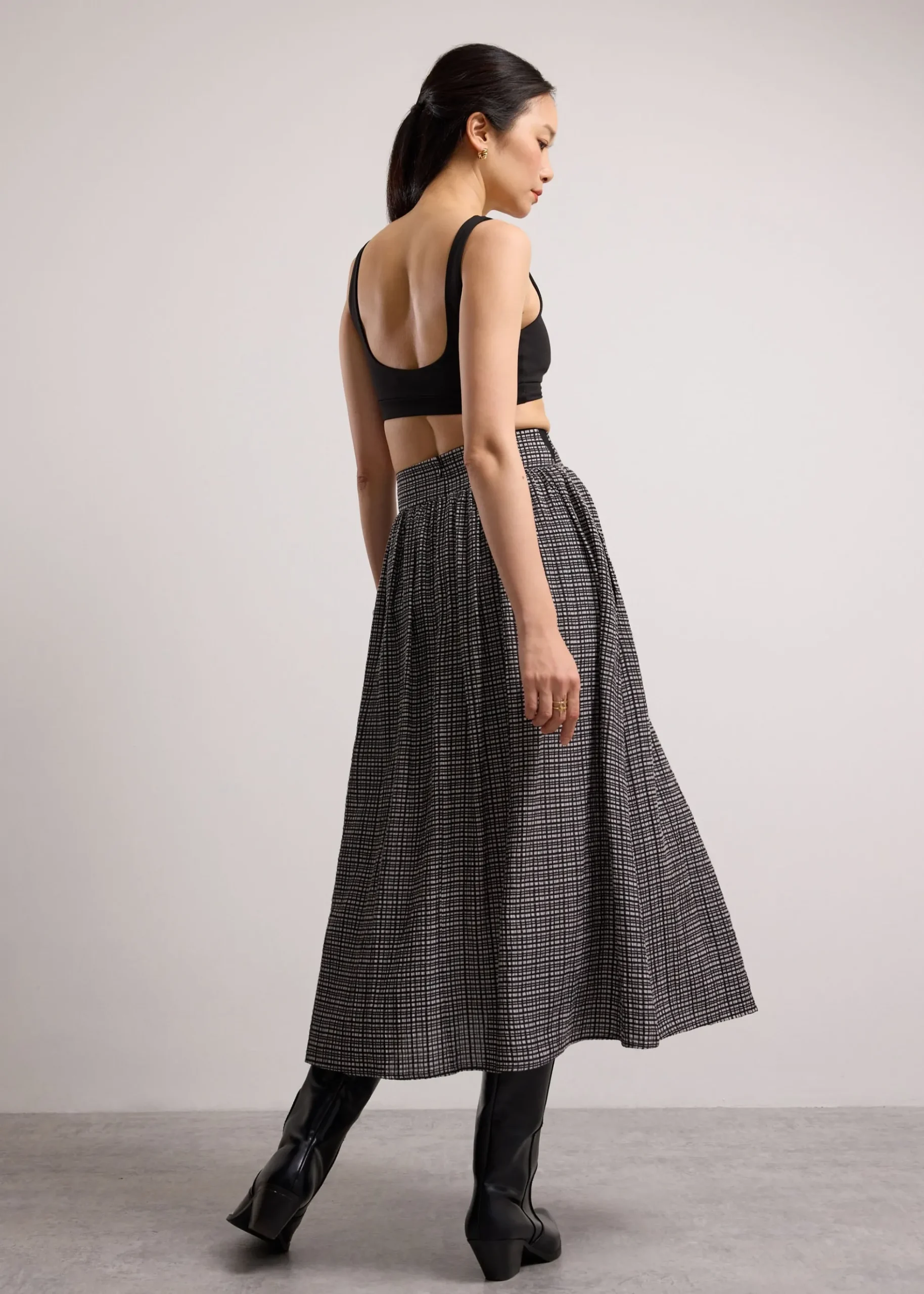 Crinkled Check Lyocell High Waist Flare Midaxi Skirt