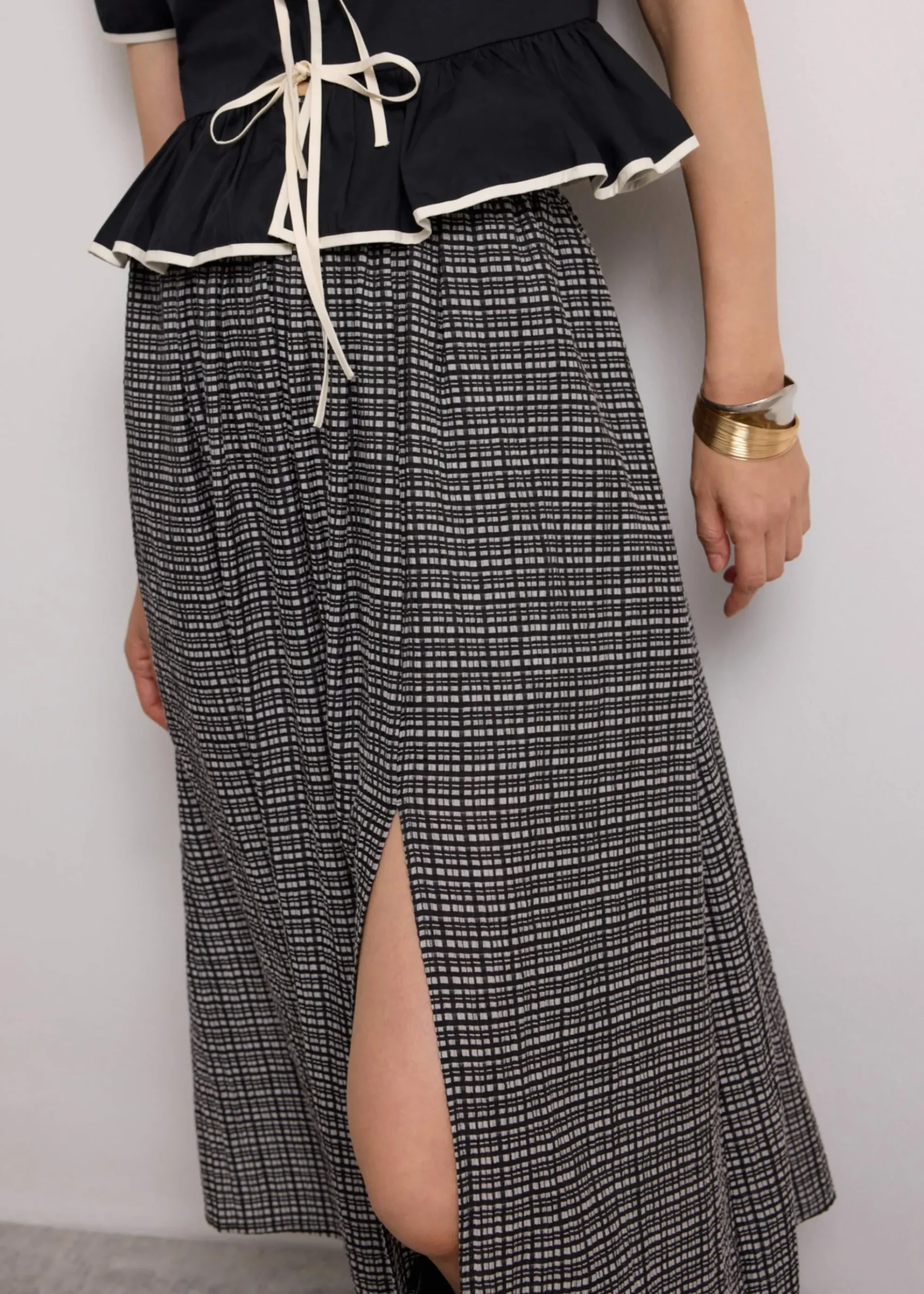 Crinkled Check Lyocell High Waist Flare Midaxi Skirt