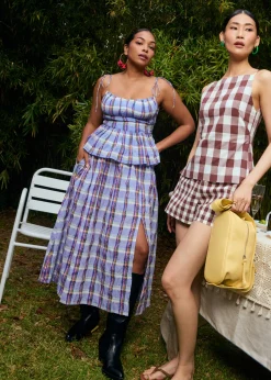 Crinkled Plaid High Waist Flare Midaxi Skirt