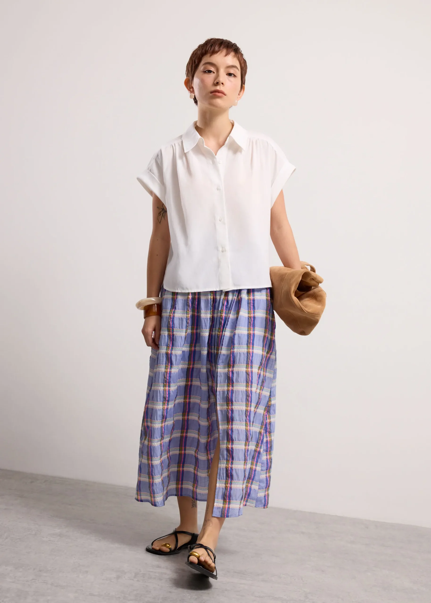 Crinkled Plaid High Waist Flare Midaxi Skirt