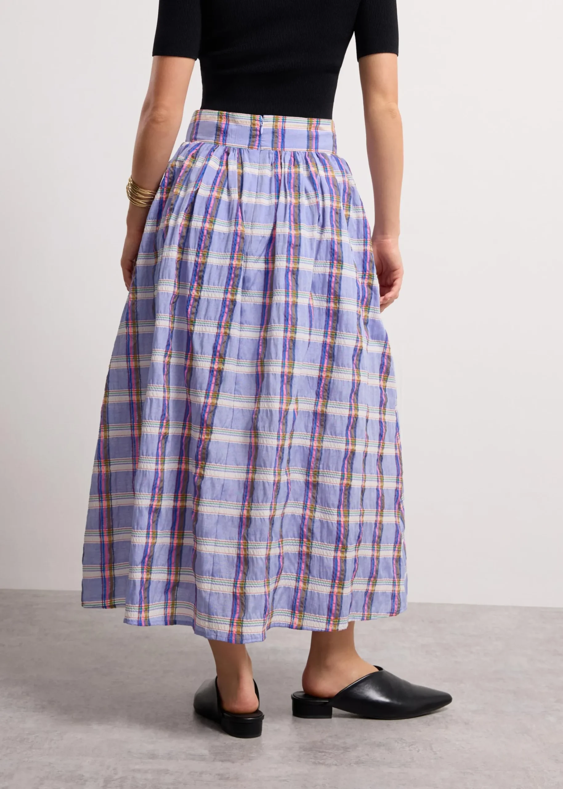 Crinkled Plaid High Waist Flare Midaxi Skirt