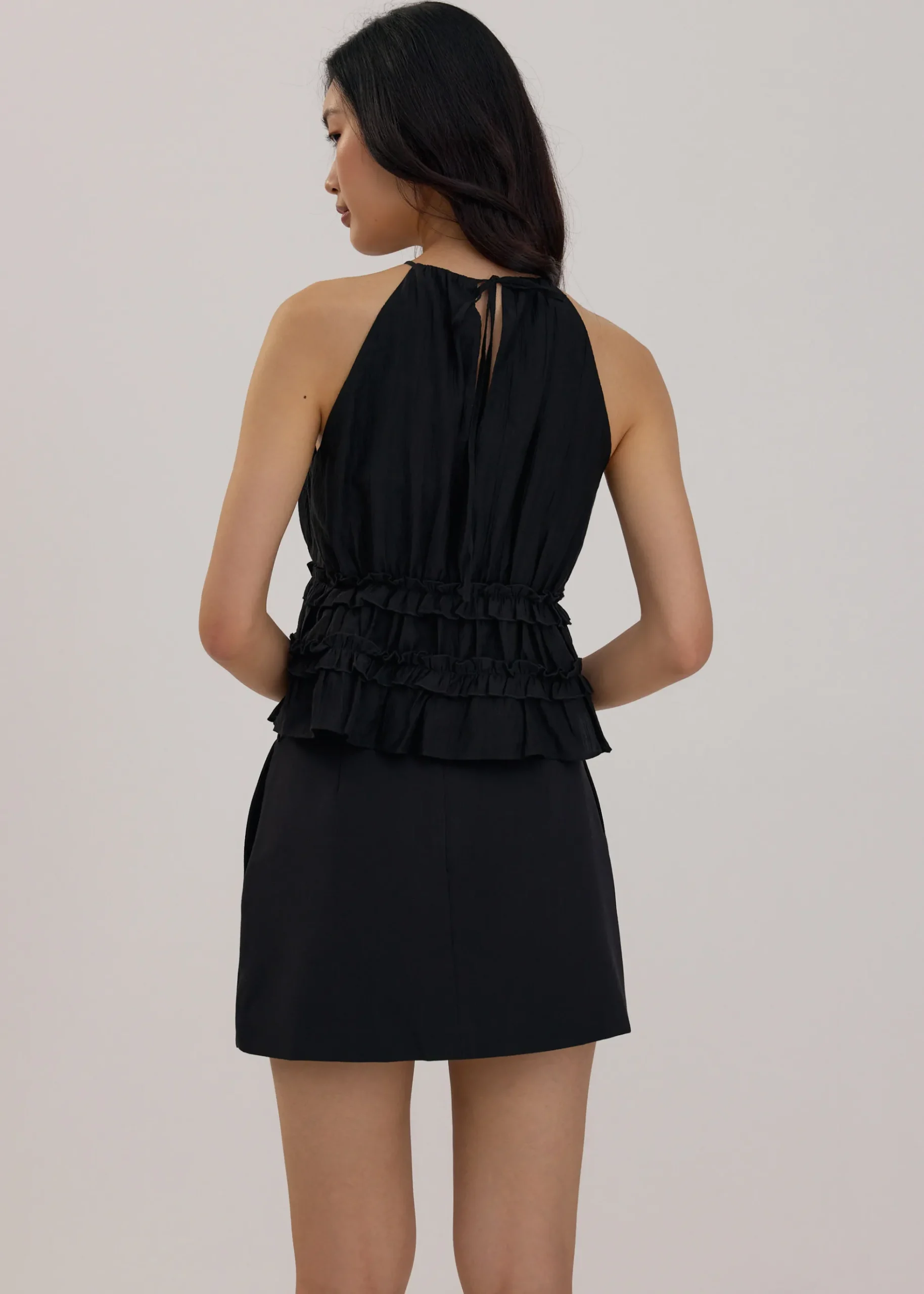 Crinkled Sheer Peplum Halter Top