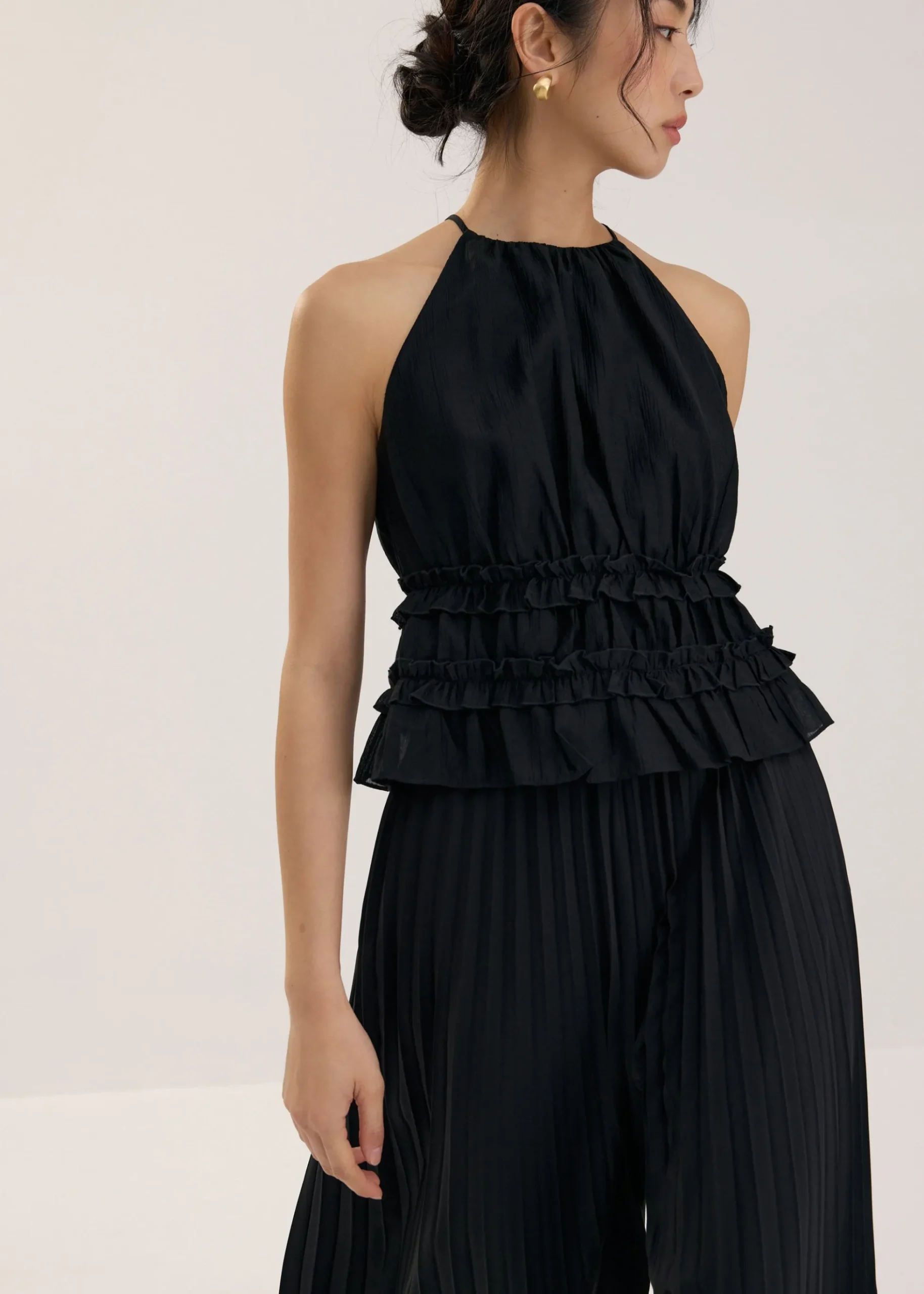 Crinkled Sheer Peplum Halter Top