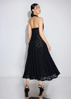 Crochet Halter Plunge Fit & Flare Midaxi Dress