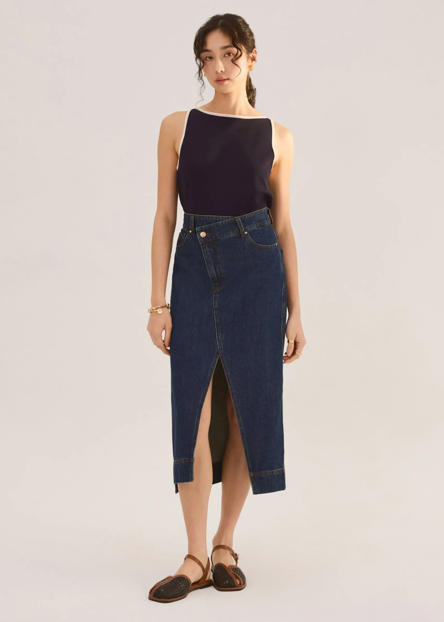 Denim Asymmetric Waistband Front Slit Column Midaxi Skirt