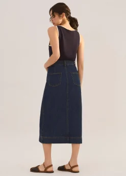 Denim Asymmetric Waistband Front Slit Column Midaxi Skirt