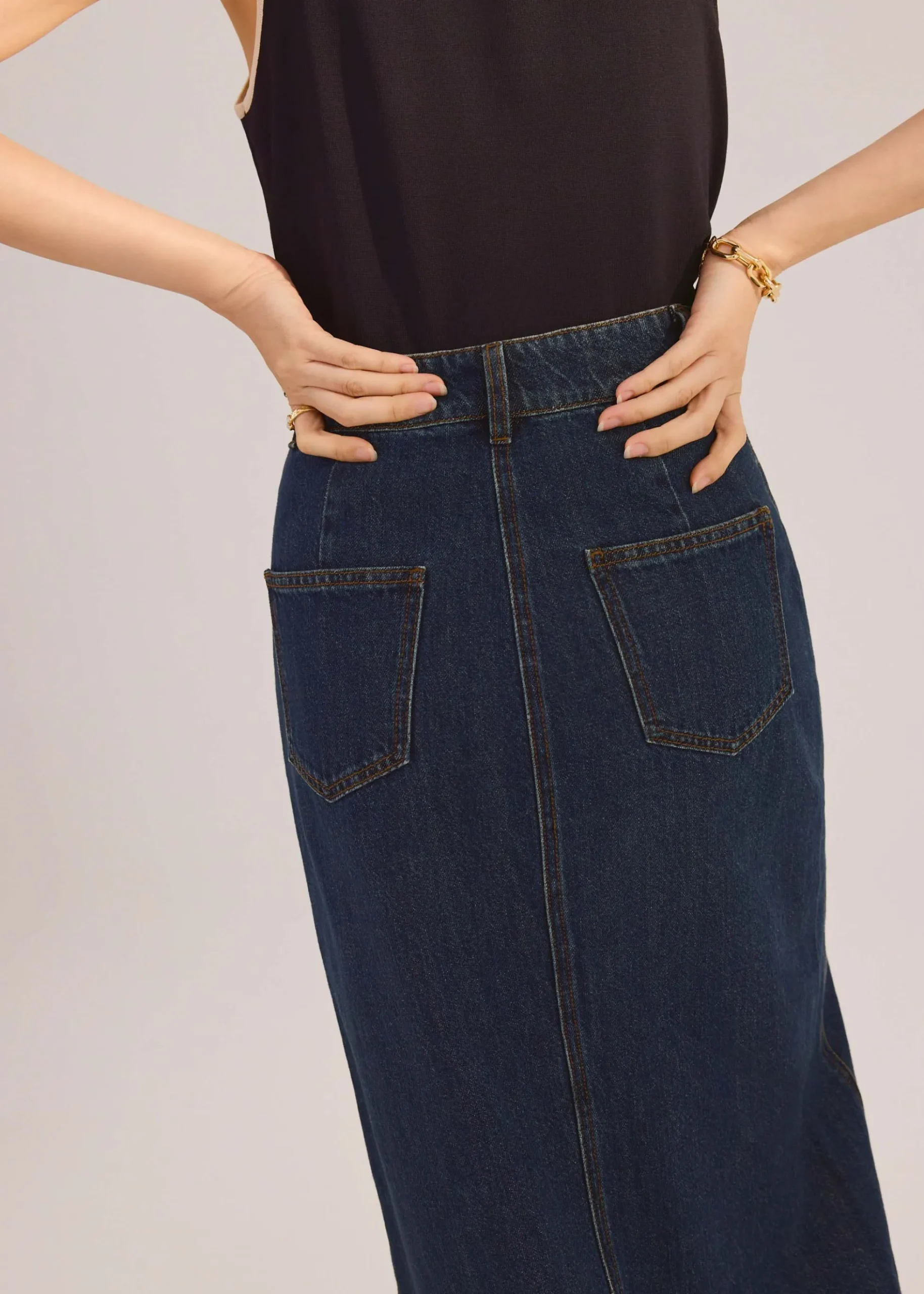 Denim Asymmetric Waistband Front Slit Column Midaxi Skirt