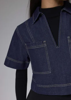 Denim Boxy V-neck Crop Top