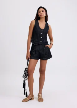Denim Contrast Stitch A-line Shorts