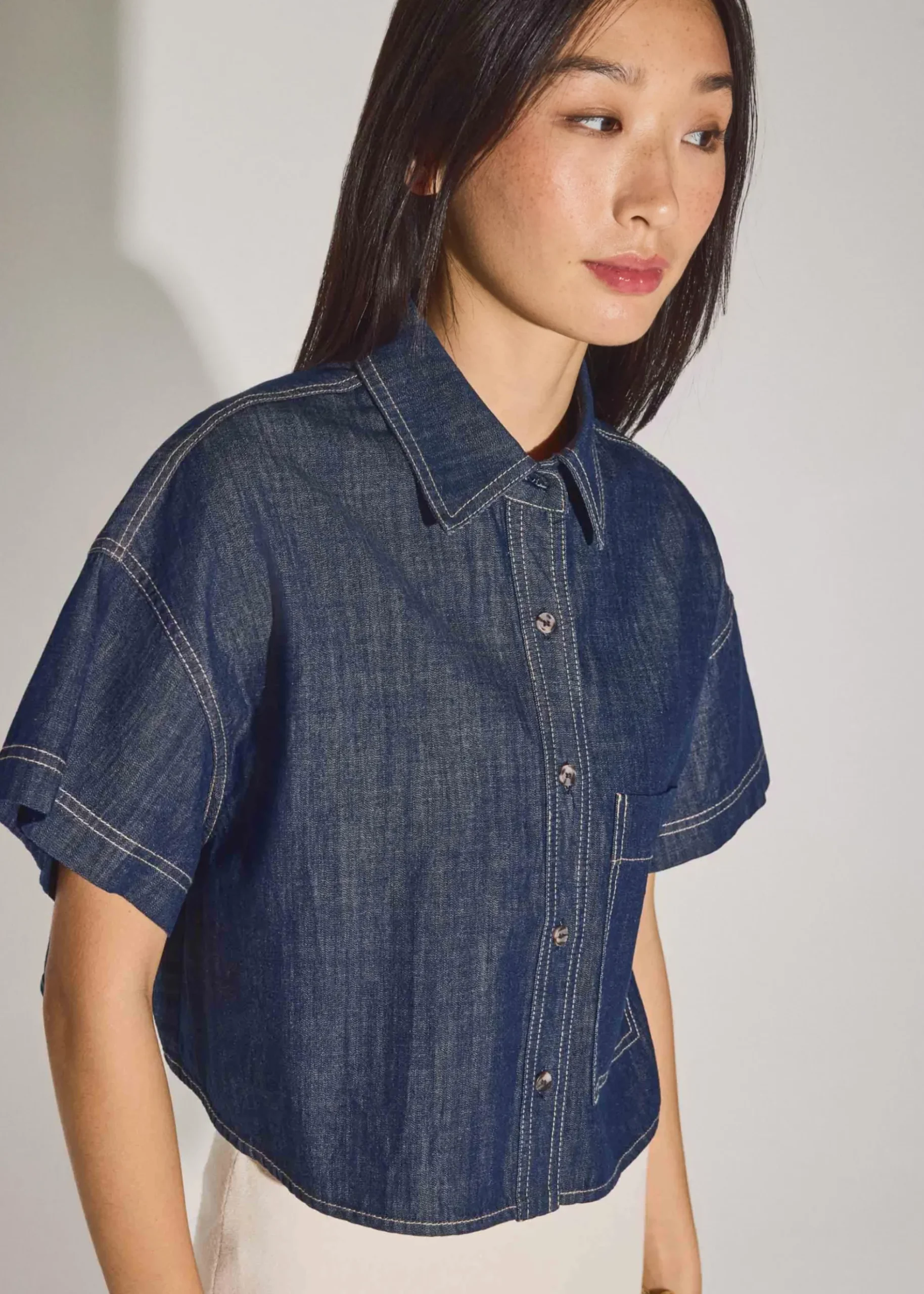 Denim Contrast Stitch Boxy Button Down Shirt